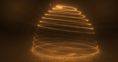 Abstract yellow orange flying line of dots and luminous particles of energetic magical bright spirals in the shape of a Christmas New Year tree.の写真素材