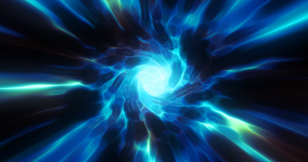 Blue hypertunnel spinning speed space tunnel made of twisted swirling energy magic glowing light lines abstract background.の写真素材