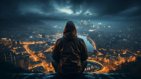 Man in a jacket with a hood in the city at night view from the back, concept of internet crimes cyber crimes and hackers.の素材