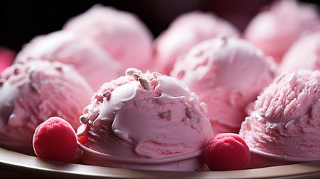 Delicious balls of strawberry pink ice cream sundae.の素材