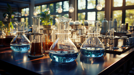 Multi-colored glass flasks and flasks with chemical test tubes in a scientific medical microbiological laboratory with research equipment.の素材