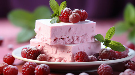 Pink sweet delicious berry dessert marshmallow with cherry and raspberry.の素材