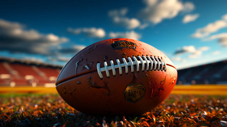 A leather ball for playing American football lies on the playing field.の素材