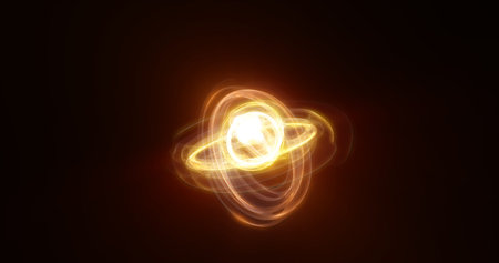 Abstract yellow rings spheres from energy magic waves of smoke circles and glowing lines on a black...