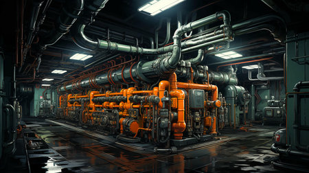 Many iron pipes and pipelines with valves and chemical industrial equipment in the workshop at the factory.の素材
