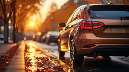 Rear and side view of a car on the roadside at sunset in a big city.の素材