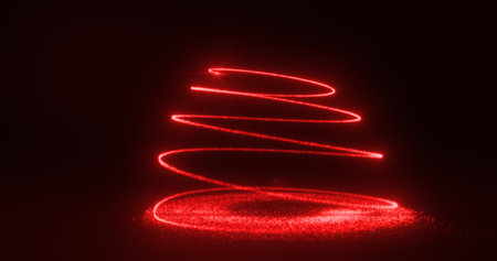 Abstract red flying line of dots and luminous particles of energetic magical bright spirals in the shape of a Christmas New Year tree.の写真素材