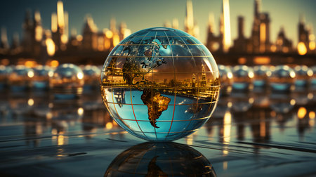 Planet earth globe in a glass ball sphere, world integration and international trade concept, background.の素材