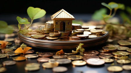House on a pile of gold coins and money on the table, finance concept credit and home mortgage.の素材