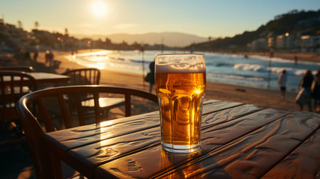 Delicious cold light beer in a glass on a table on the beach in summer.の素材
