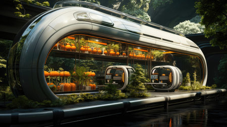 Futuristic greenhouse with plants, eco-friendly farming concept, artificial food growing.の素材