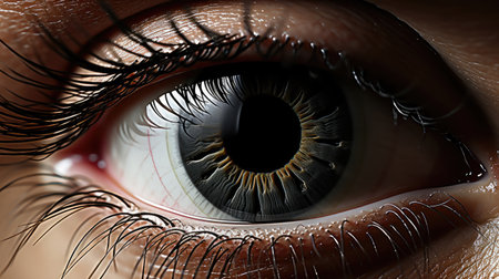 Close view of a female eye with pupil and eyelashes, concept of personality.の素材