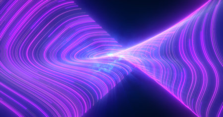 Abstract bright blue purple glowing flying waves from twisted lines energy magical background.