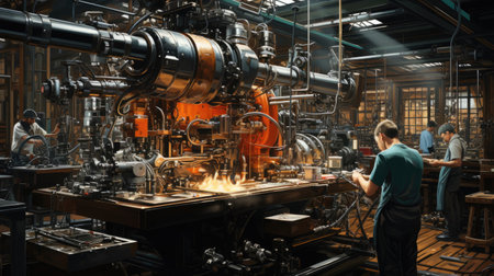 Workshop with equipment and people at work, workers and engineers at a factory in industrial production.の素材