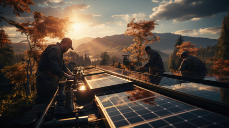 Male workers installing solar panels at a solar power plant, concept green energy and electricity, environmental protection, alternative energy and ecology.の素材