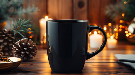 Mug with hot Christmas drink warm tea or coffee against cozy winter New Year decorations and blurred background.の素材