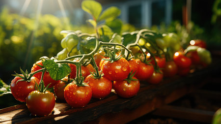 Fresh natural red vegetables cherry tomatoes on branches. Concept of natural healthy eco food and farming.の素材