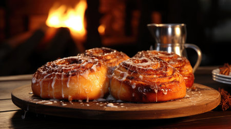 Delicious sweet fresh beautiful baked goods bun cinnabon dessert on the table in a bakery or cafe.の素材