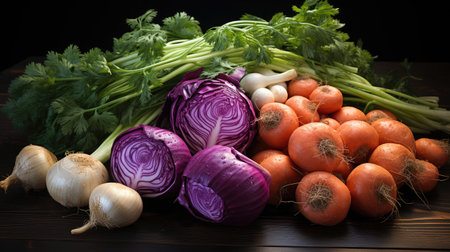 Fresh natural vegetables on the table, onions, cabbage, garlic. Concept of natural healthy eco food and farming.の素材