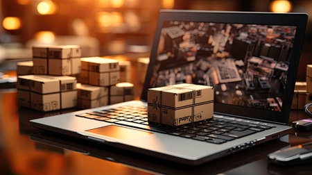 Laptop computer and many small parcel boxes. The concept of online trade for the delivery of goods and purchases on marketplaces.の素材