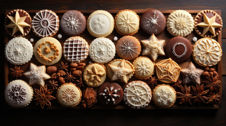 Delicious and cozy Christmas gingerbread cookies with patterns New Year's background.の素材