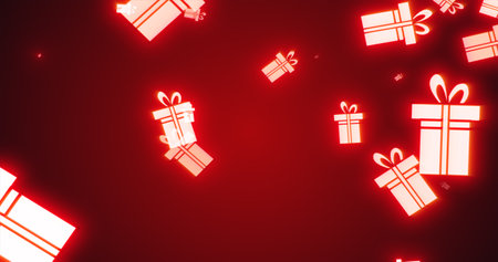 Christmas festive bright New Year background from gift boxes glowing winter beautiful falling flying pattern on red background.の写真素材
