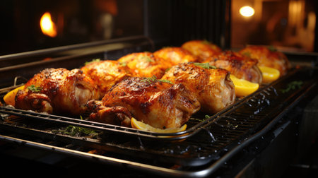 Delicious fried grilled chicken with a golden crust in the oven, home cooking.の素材