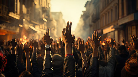 Raised hands of a crowd of people during a rally for freedom, equality and civil rights in the city.の素材