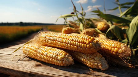 Yellow corn on the cob lies on a wooden table, eco vegetables food farming concept.の素材