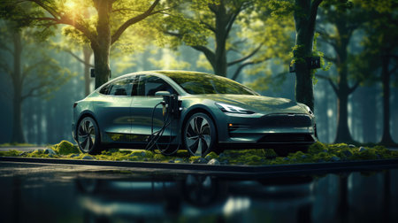 Concept modern electric car environmentally friendly eco in a big city.の素材