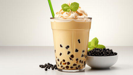 Bubble tea with mugs and milk cooling refreshing drink in a glass with a straw on a white background.の素材