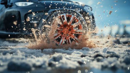 Snow flies from under the wheels of a car on a winter snowy icy road, concept of changing tires from summer to winter, tire fitting.の素材