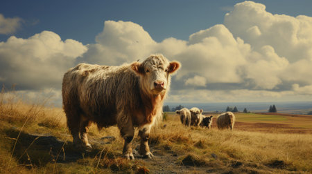 White cow cattle grazing in the meadowの素材