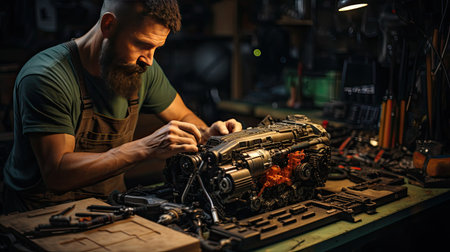 Male worker produces and repairs equipment and spare parts from the workshop at the factory, technical staff.の素材