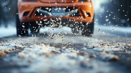 Snow flies from under the wheels of a car on a winter snowy icy road, concept of changing tires from summer to winter, tire fitting.の素材
