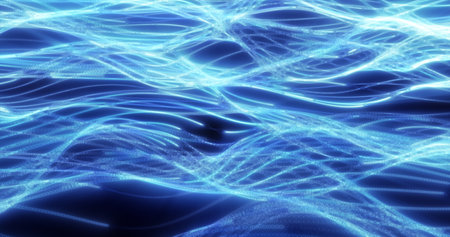 Energy abstract blue lines from dots and waves from magic and electricity background.の写真素材