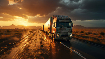 A big trucker's truck is driving down the road. Concept of cargo transportation and long-distance logisticsの素材