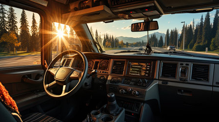 View from inside the truck cab. Concept of cargo transportation and long-distance logisticsの素材