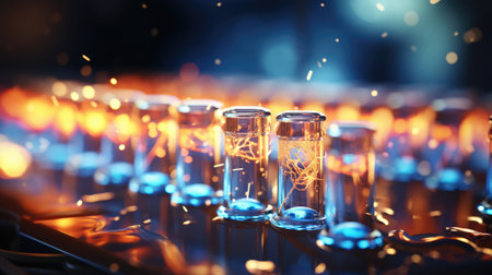 Glass glowing test tubes in scientific medical laboratoryの素材