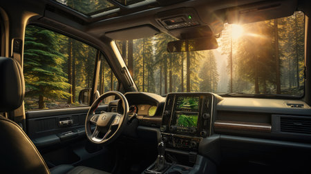 View from inside the truck cab. Concept of cargo transportation and long-distance logisticsの素材