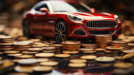 New modern car stands on a stack of gold coins money, concept of buying a car, car loan and leasing.の素材