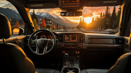 View from inside the truck cab. Concept of cargo transportation and long-distance logisticsの素材