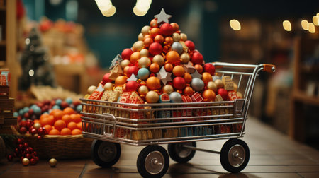 Christmas New Year shopping cart with holiday toys balls and Christmas tree, concept of Christmas online and offline shopping and purchasing.の素材