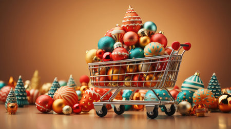 Christmas New Year shopping cart with holiday toys balls and Christmas tree, concept of Christmas online and offline shopping and purchasing.の素材