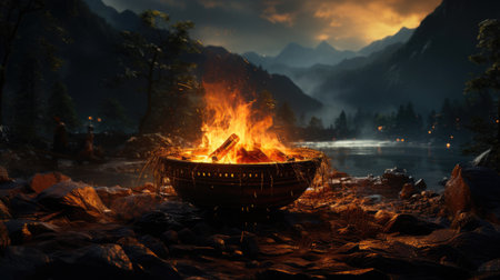 Large vat fire of a tourist traveler in the mountains near a lake in nature, camping.の素材