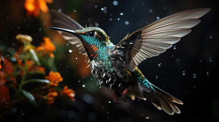 Multicolored small beautiful calibri bird of peace with open wings hovering over a flower flying and pollinating.の素材