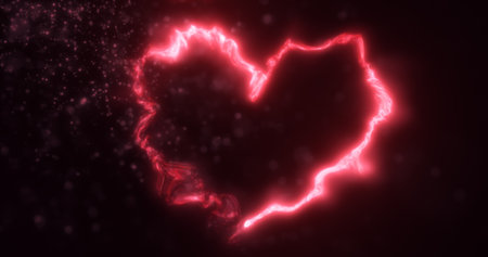 Glowing red pink energy abstract heart made of particles and light for valentines day festive abstract background.の写真素材