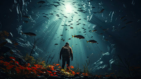 A diver in a diving suit swims underwater with fish and coralsの素材