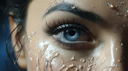 Beautiful blue female eye, concept of eye treatment and prosthetics and facial recognition.の素材