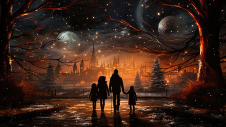 Family father and daughter watching festive fireworks fireworks for Christmas or New Year holiday at night.の素材